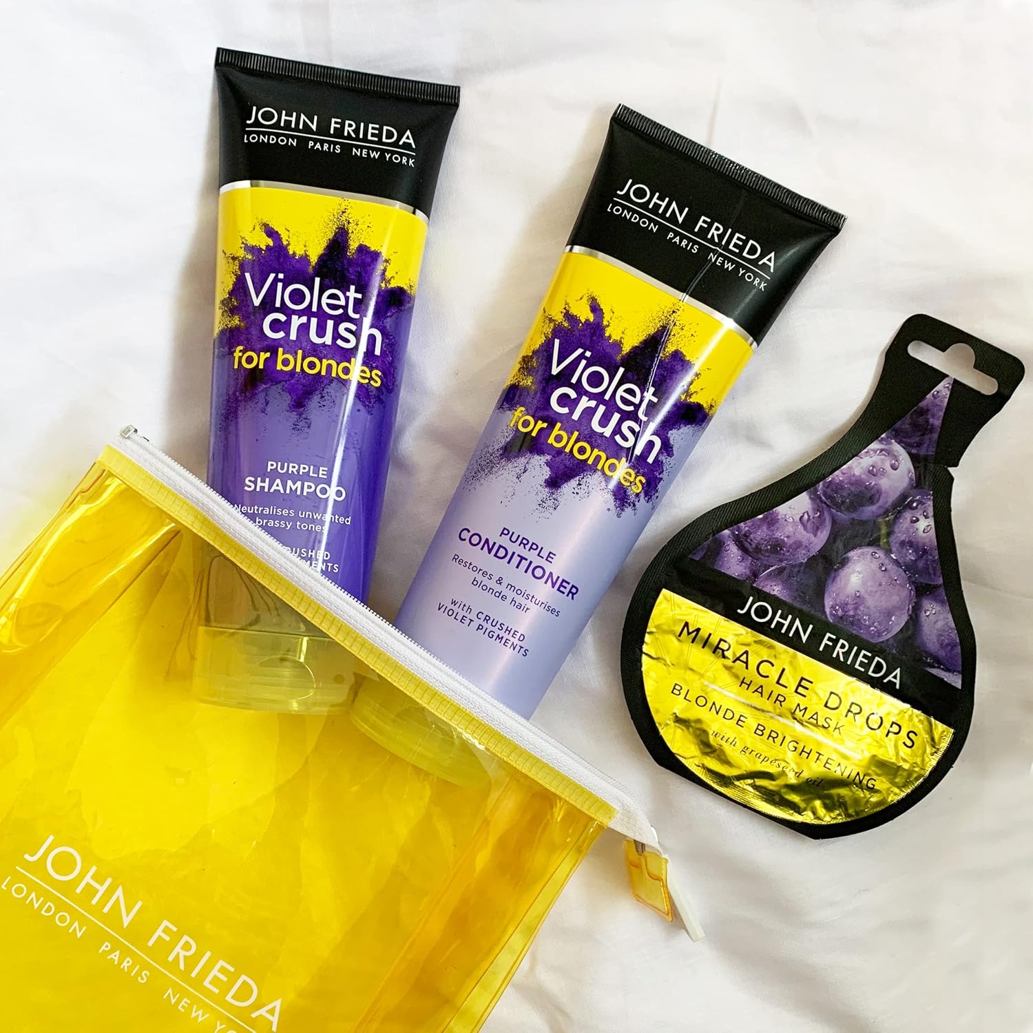 John Frieda Violet Crush Gift Set - for Blonde Hair - 2 x 250ml Shampoo/Conditioner + Miracle Drop Sachet : Amazon.co.uk: Beauty