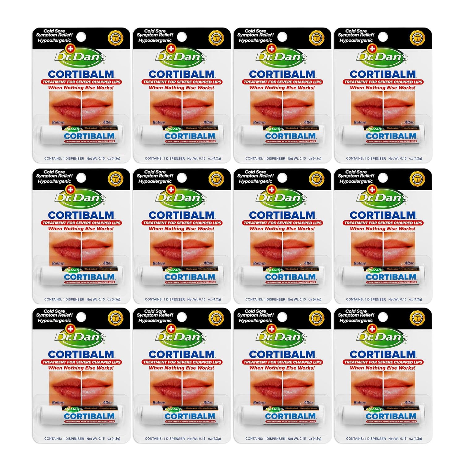 Dr. Dan'S Cortibalm- 12 Pack - For Dry Cracked Lips - Healing Lip Balm For Severely Chapped Lips - Designed For Men, Women And Children