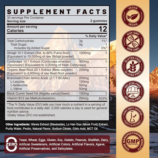 Shilajit Gummies 1000Mg For Men & Women, Shilajit From Himalayan W/Organic Beet Root, Bcaa, Cordyceps Mushroom, Black Seed Oil & Vitamin B12, Energy, Muscle, Immune & Brain Health Support, 2-Pack