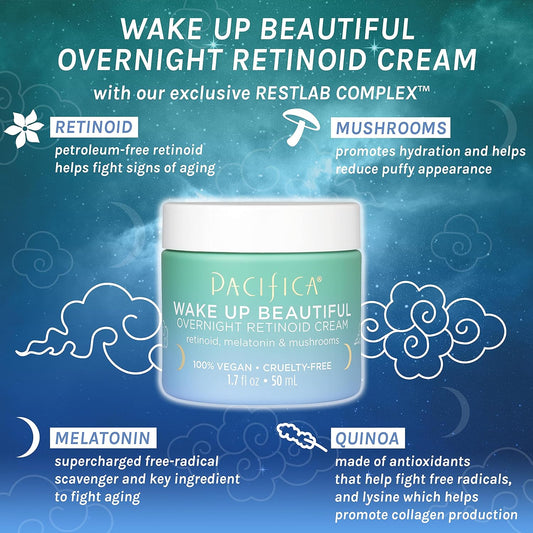 Pacifica Beauty, Wake Up Beautiful Overnight Retinoid Night Face Cream, Moisturizer for Dry and Aging Skin, Gentle for Sensitive Skin, Hyaluronic Acid + Melatonin, Clean, Vegan & Cruelty Free