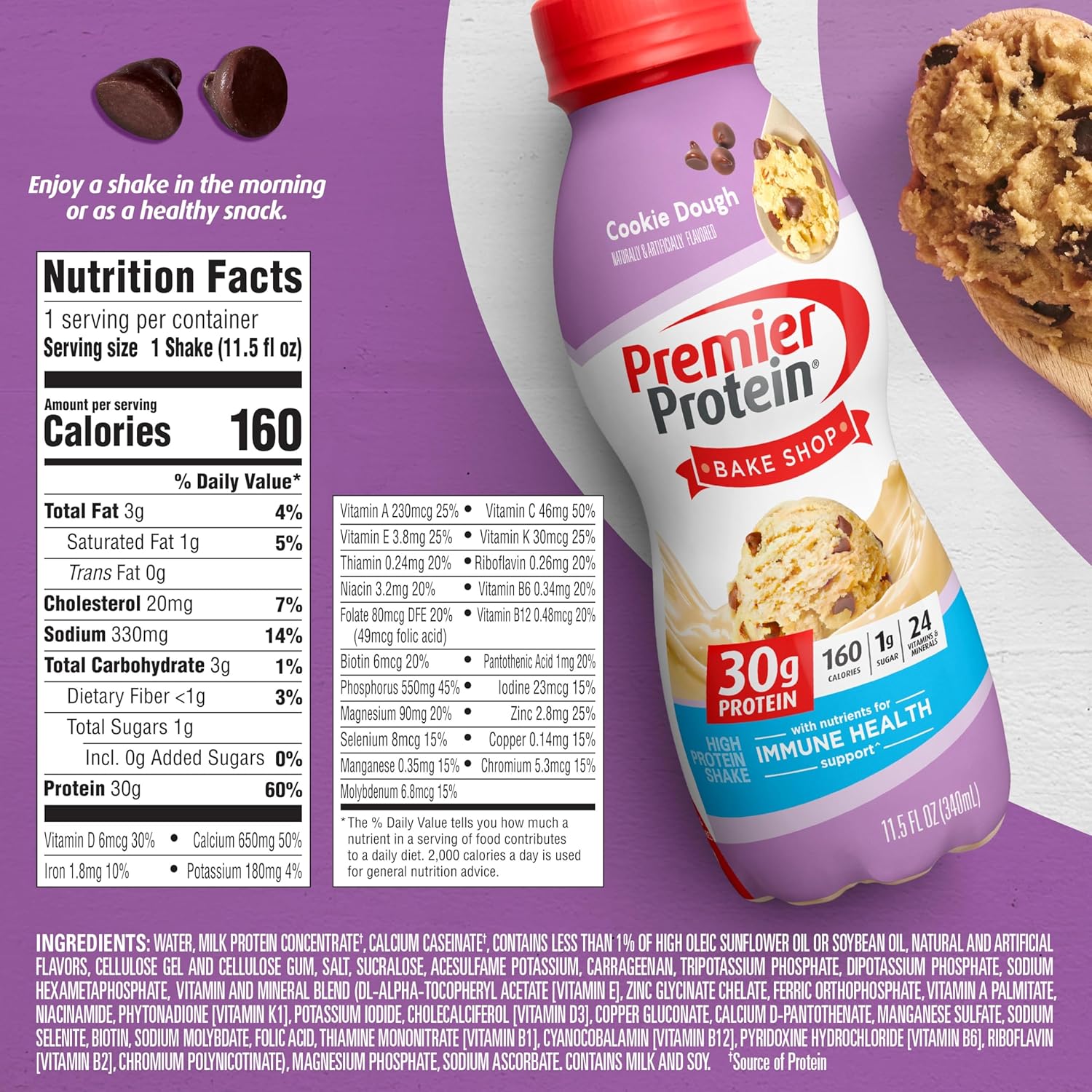 Premier Protein Shake, Cookie Dough, 11.5 Fl Oz (12 Pack), 30g Protein, 1g Sugar, 3g Carbs : Everything Else