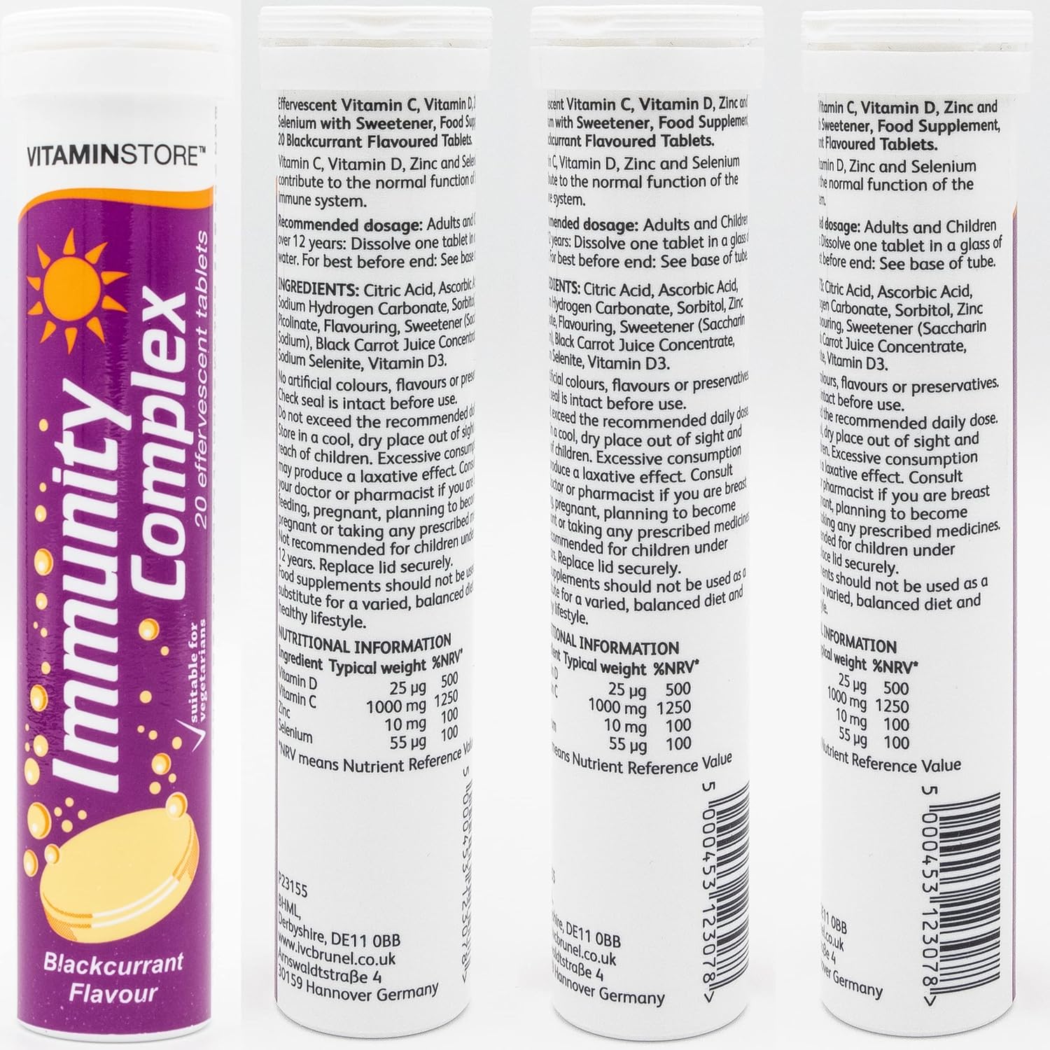 Vitamin Store Immunity Complex Effervescent Tablets, 3 Packs Of 20 Blackcurrant Flavoured Immune System Booster Dissolvable Fizzy Supplement - Contains Vitamins C, D, Zinc & Selenium