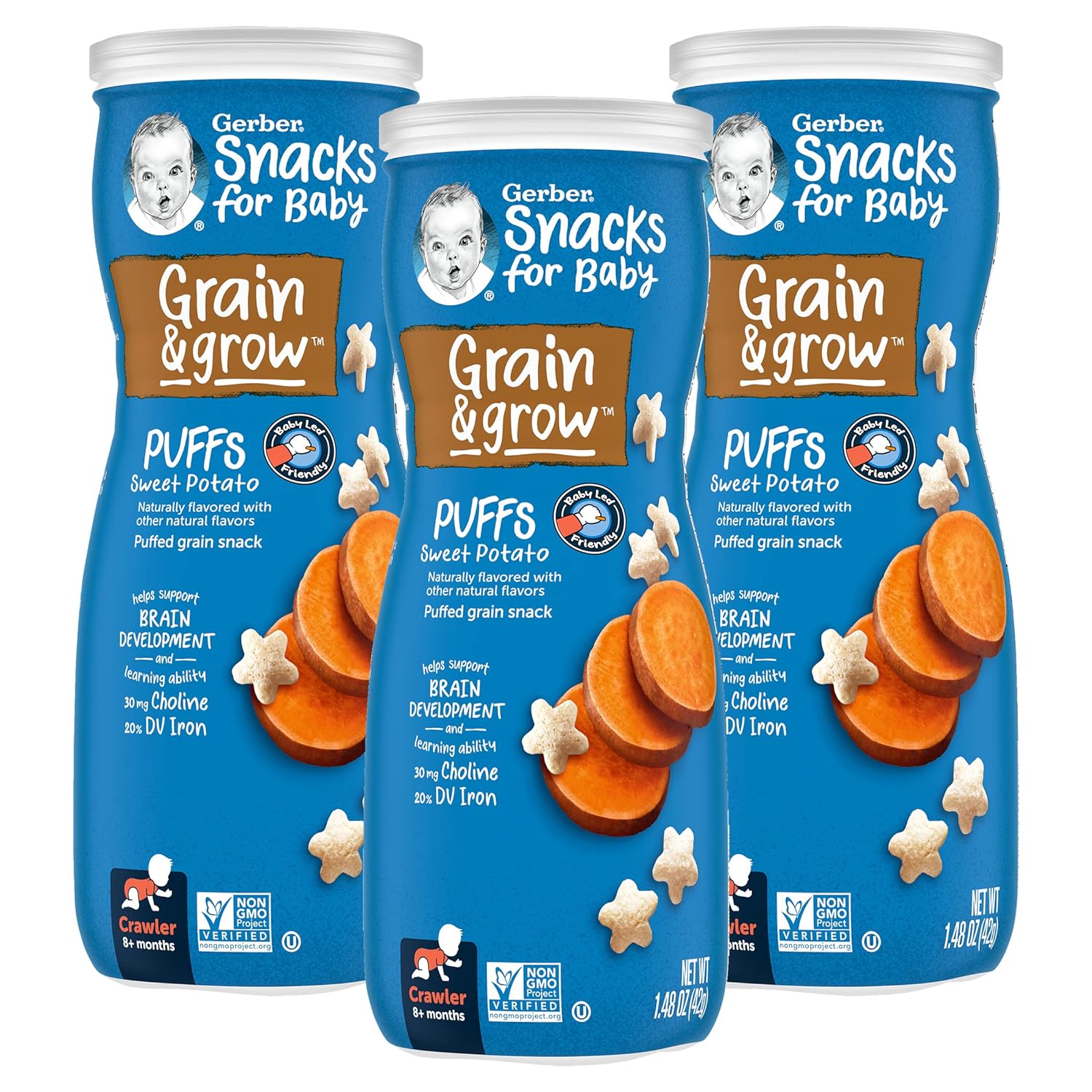 Gerber Snacks for Baby Grain & Grow Puffs, Sweet Potato, Puffed Grain Snack for Crawlers, Non-GMO & Baby Led Friendly, 1.48-Ounce Canister (Pack of 3)