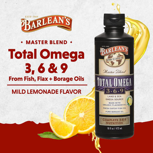 Barlean'S Total Omega 3 6 9 Liquid Fish Oil Supplement With Borage And Flaxseed Oil 6,468 Mg Of Omegas Epa, Dha, Ala, And Gla For Joint And Heart Health, 16 Oz