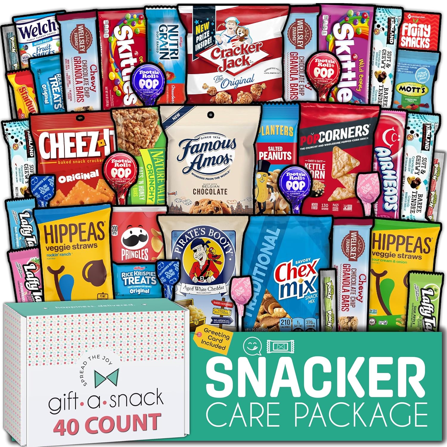 Gift A Snack - Back To School Gifts For Students Snack Box Variety Pack Care Package + Greeting Card (40 Count) Birthday Sweet Treats Gift Basket, Candies Chips Crackers Bars, Food Assortments Variety