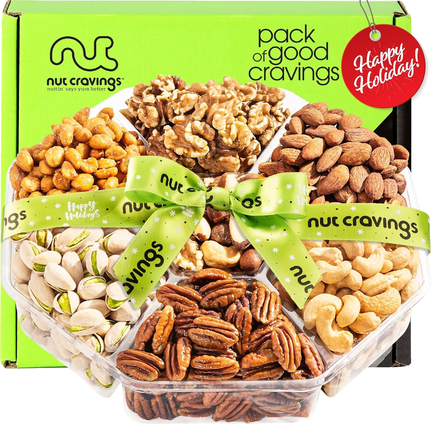 Nut Cravings Gourmet Collection - Christmas Nuts Gift Basket with Happy Holiday Ribbon (7 Assortments) Food Bouquet Care Package Variety Tray, Healthy Kosher Snack Box, Women