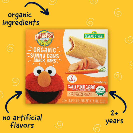 Earth'S Best Organic Kids Snacks, Sesame Street Toddler Snacks, Organic Sunny Days Snack Bars For Toddlers 2 Years And Older, Sweet Potato And Carrot With Other Natural Flavors, 7 Bars Per Box (Pack Of 6)