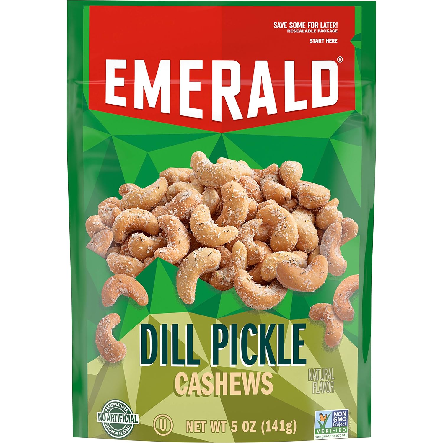 Emerald Nuts Dill Pickle Seasoned Cashews (1-Pack), 5Oz Resealable Bag, Non-Gmo, Contains No Artificial Preservatives, Flavors Or Synthetic Colors