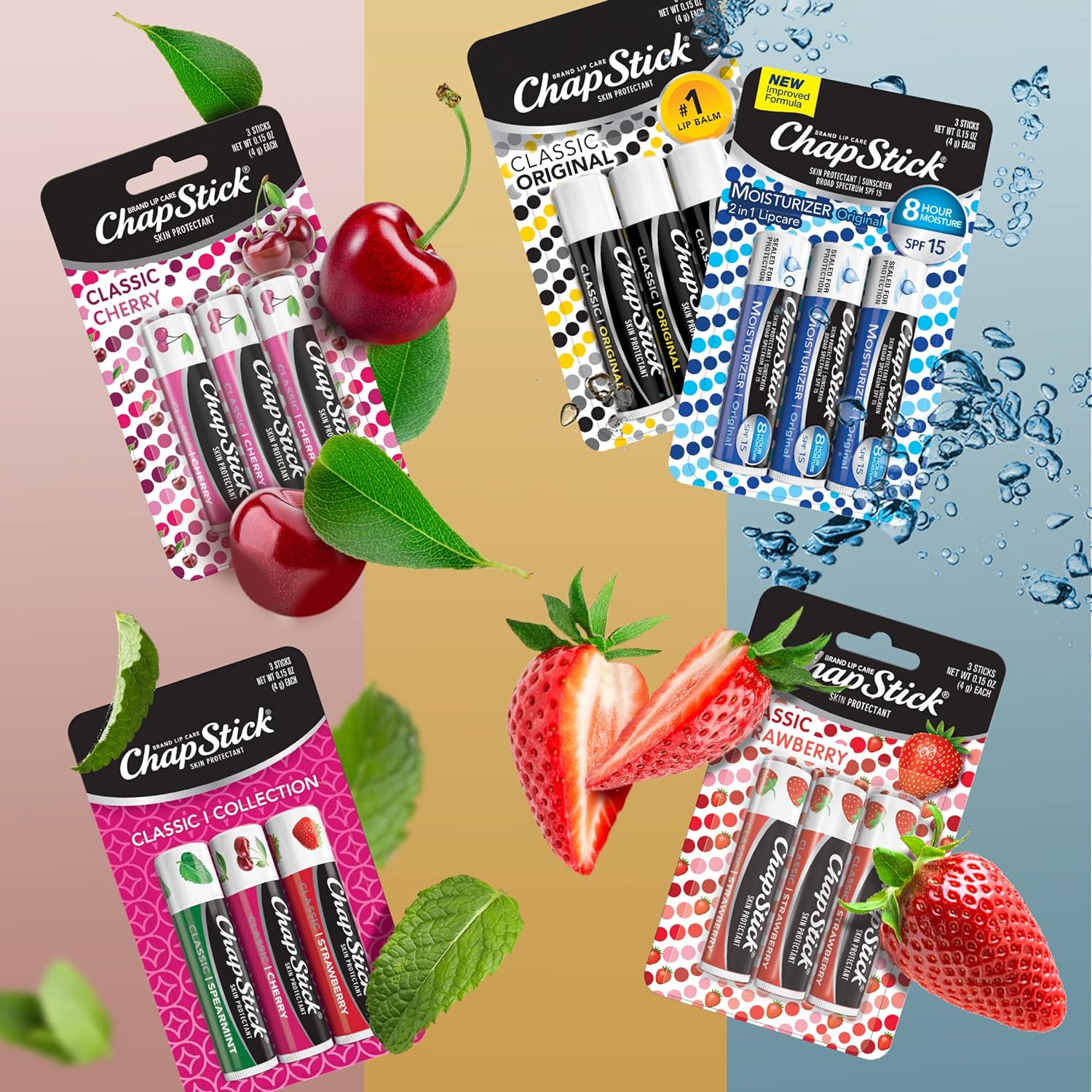 ChapStick Classic Collection Flavored Lip Balm Tubes Pack, Lip Moisturizer - 0.15 Oz (Box of 5 Packs of 3) : Beauty & Personal Care