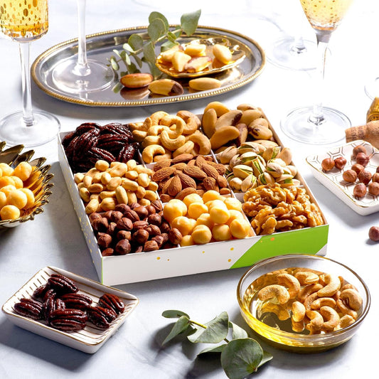 Nut Cravings Gourmet Collection - Mixed Nuts Gift Basket In White Gold Box (9 Assortments) Teacher Appreciation Arrangement Platter, Birthday Care Package - Healthy Kosher Usa Made