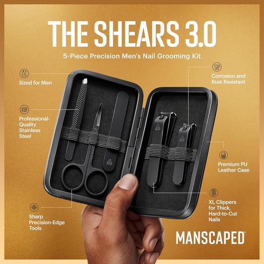 Manscaped® Shears 3.0, 5-Piece Precision Men’S Nail Grooming Travel Kit, Stainless Steel Manicure Set With Fingernail & Toenail Clippers, Nail File, Slant Tip Tweezers, Cuticle Scissors, Travel Case