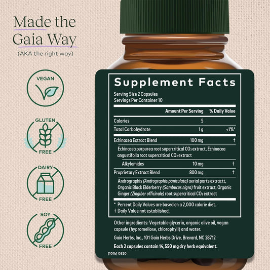 Gaia Herbs Quick Defense - Fast-Acting Immune Support Supplement For Use At Onset Of Symptoms - With Echinacea, Black Elderberry, Ginger & Andrographis - 20 Vegan Liquid Phyto-Capsules (2-Day Supply)