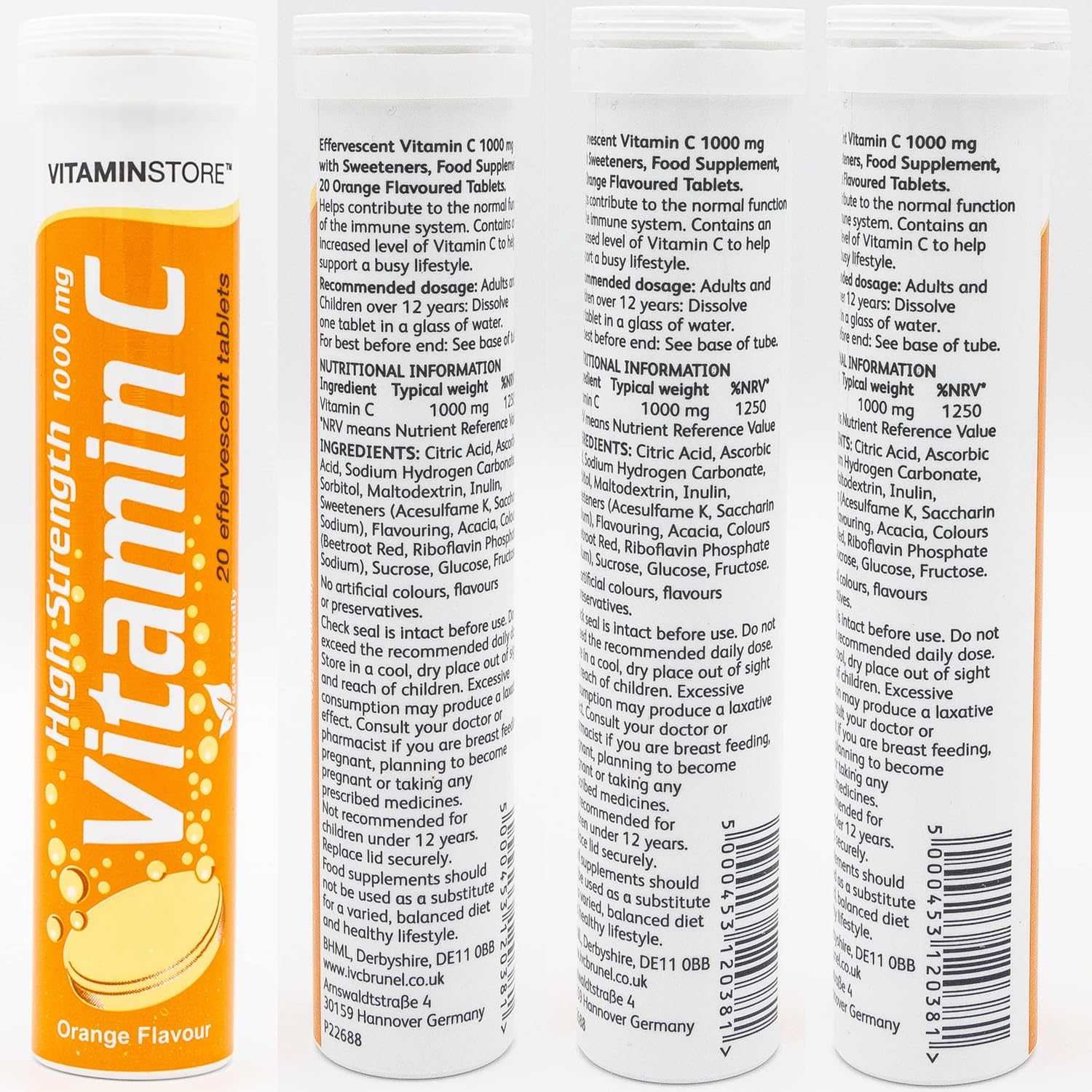 Vitamin Store 60 High Strength Vitamin C (1000Mg) Effervescent Tablets - 3 Packs Of 20 Vitamin C Dissolvable Tablets - One-A-Day - Soluble Orange Flavoured Vitamin C Fizzy Tablets To Support Immunity