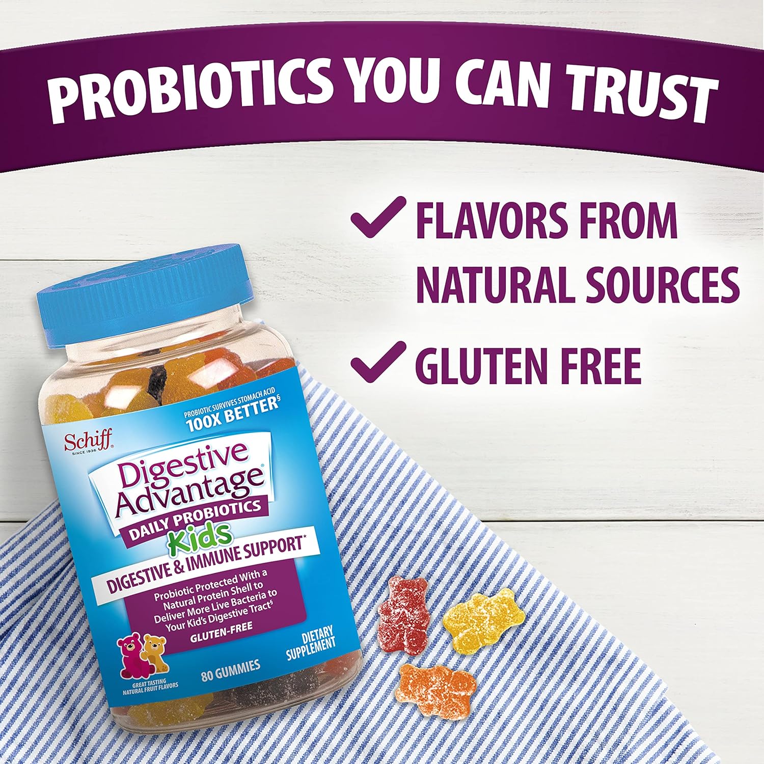 Digestive Advantage Probiotic Gummies For Digestive Health, Daily Probiotics For Kids, Support For Occasional Bloating, Minor Abdominal Discomfort & Gut Health, 80ct Natural Fruit Flavors : Health & Household