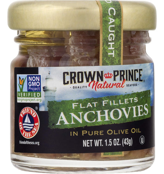 Crown Prince Natural Flat Fillets of Anchovies in Pure Olive Oil, 1.5-Ounce Jars (Pack of 18)