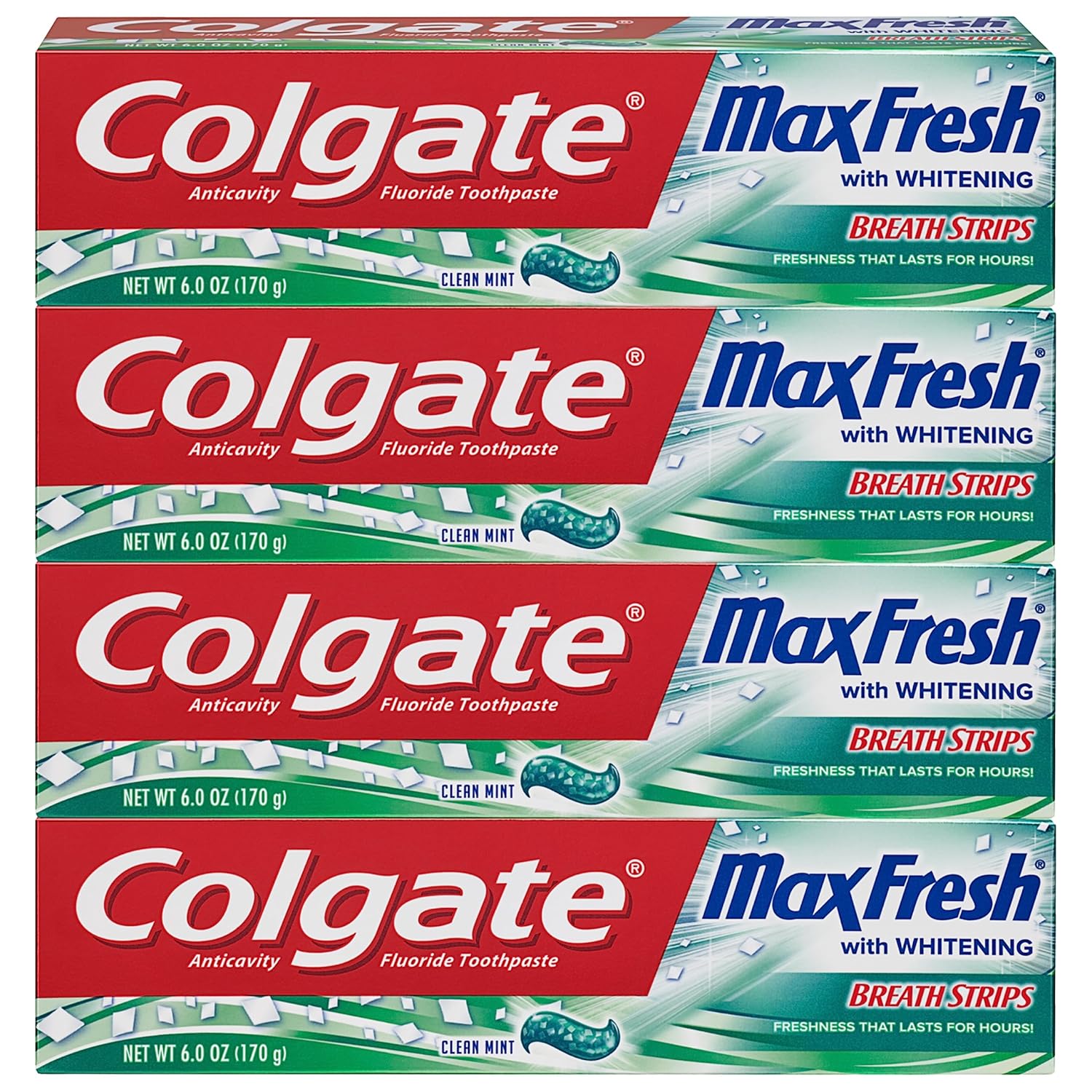 Colgate Max Fresh Whitening Toothpaste With Breath Strips, Clean Mint, 6 Ounce Tube, 4 Pack