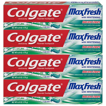 Colgate Max Fresh Whitening Toothpaste With Breath Strips, Clean Mint, 6 Ounce Tube, 4 Pack