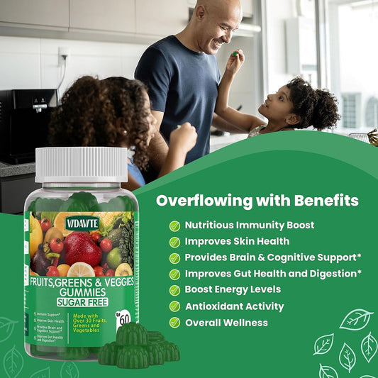 Sugar-Free Fruit and Veggie Gummies ? 35+ Greens, Fruit and Vegetable Vitamins to Boost Immunity, Skin & Gut Health ? Ideal Fruit and Vegetable Supplement for Adults & Kids (60 Gummies)