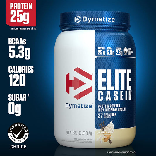 Dymatize Elite Casein Protein Powder, Slow Absorbing With Muscle Building Amino Acids, 100% Micellar Casein, 25G Protein, 5.4G Bcaas & 2.3G Leucine, Helps Overnight Recovery, Smooth Vanilla, 2 Pound