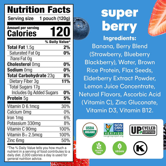 Noka Superfood Fruit Smoothie Pouches, Super Berry With Immune Support, Healthy Snacks With Elderberry, Flax Seed, Plant Protein, And Prebiotic Fiber, Gluten Free And Vegan, 4.22 Oz, 12 Count
