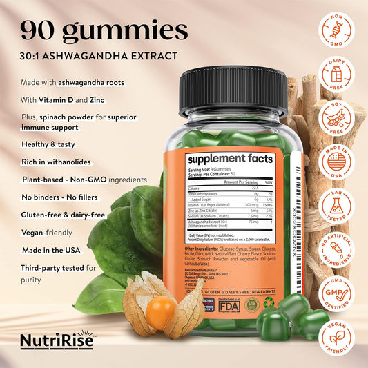 Nutririse High Potency Ashwagandha Gummies with Vitamin D, Zinc, Supports Natural Relaxation, Sleep & Immunity, Spinach Powder Superfood, 30:1 Concentrated Root Extract Equivalent to 2250 mg, 90 Count