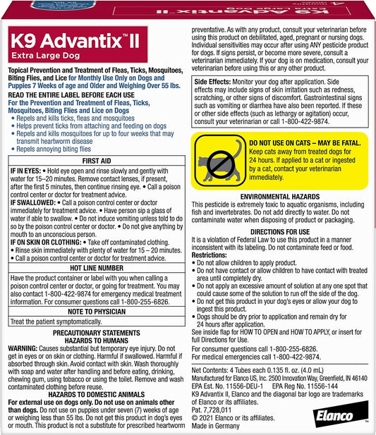 K9 Advantix Ii Xl Dog Vet-Recommended Flea, Tick & Mosquito Treatment & Prevention | Dogs Over 55 Lbs. | 4-Mo Supply