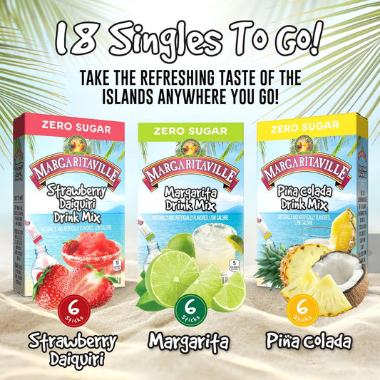 Margaritaville Singles To Go Drink Mix Ultimate Summer Variety Party Bundle Margarita, Pina Colada & Strawberry Daiquiri, (18 Piece Assortment)