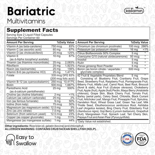 Bariatric Multivitamin With Iron – After Bariatric Surgery – Easy To Swallow – For Women & Men – Gastric Bypass & Sleeve Support – B12 + 42 Superfoods – 120 Caps – 2 Month Supply