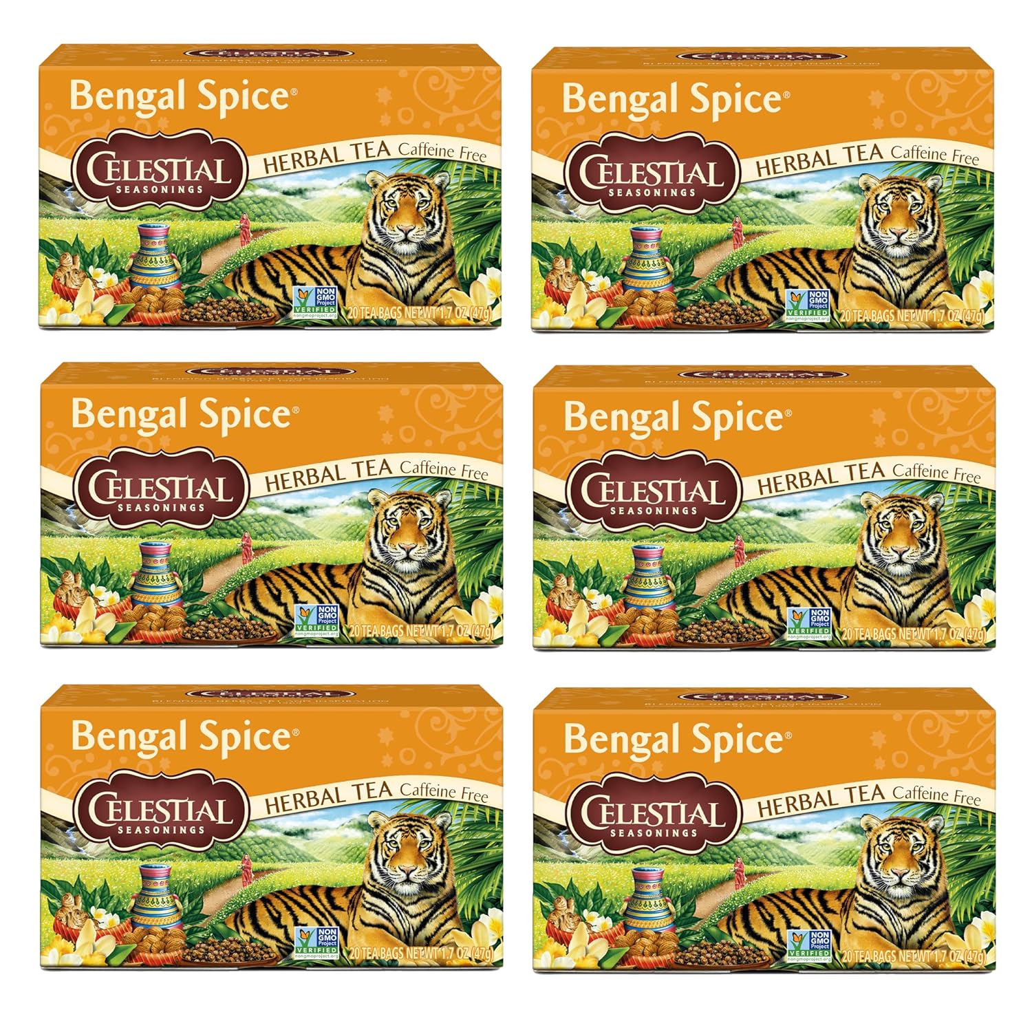 Celestial Seasonings Bengal Spice Herbal Tea, Caffeine Free, 20 Tea Bags Box, (Pack Of 6)