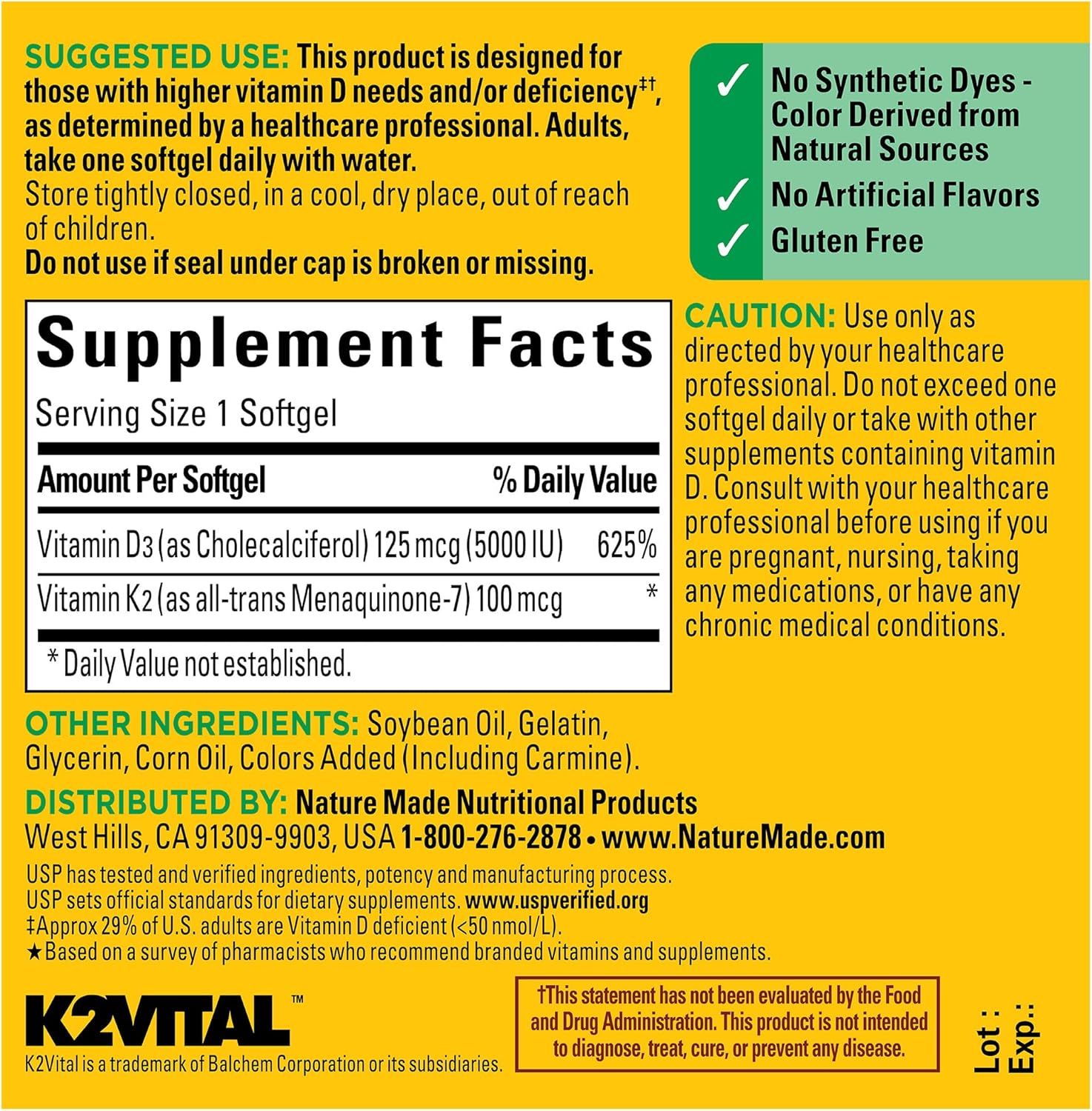 Nature Made Vitamin D3 K2, 5000 Iu (125 Mcg) Vitamin D, Dietary Supplement For Bone, Teeth, Muscle And Immune Health Support, 30 Softgels, 30 Day Supply : Health & Household