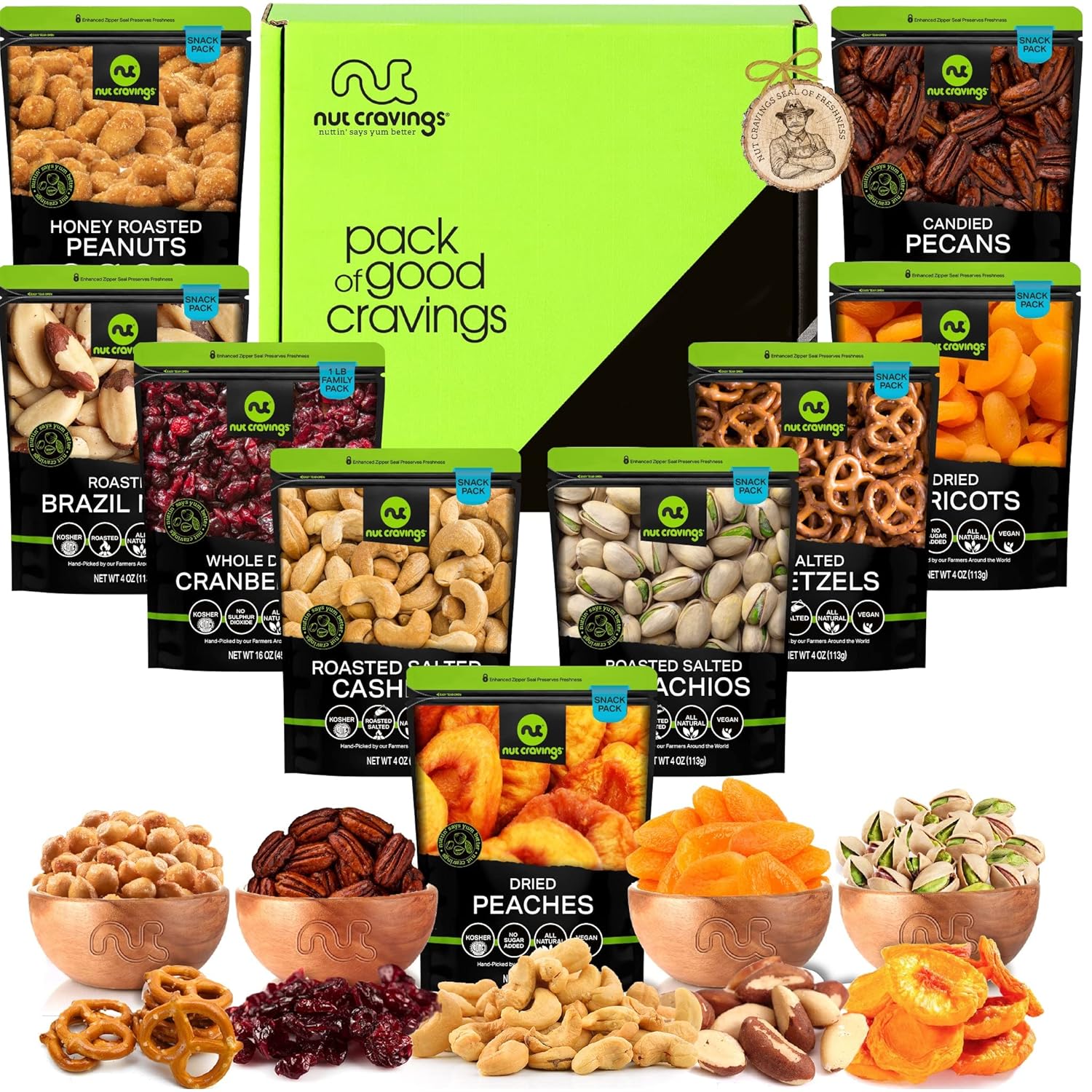 Nut Cravings Gourmet Collection - Dried Fruit & Mixed Nuts Basket In Green Box (9 Assortments) Arrangement Platter, Birthday Care Package - Healthy Kosher Mixed Fruits