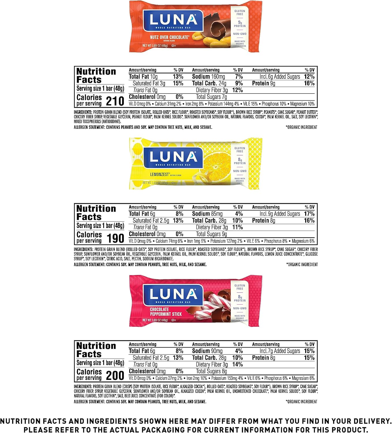 LUNA Bar - Variety Pack - Gluten-Free - Non-GMO - 7-9g Protein - Made with Organic Oats - Low Glycemic - Whole Nutrition Snack Bars - Amazon Exclusive - 1.69 oz. (12 Count) : Grocery & Gourmet Food