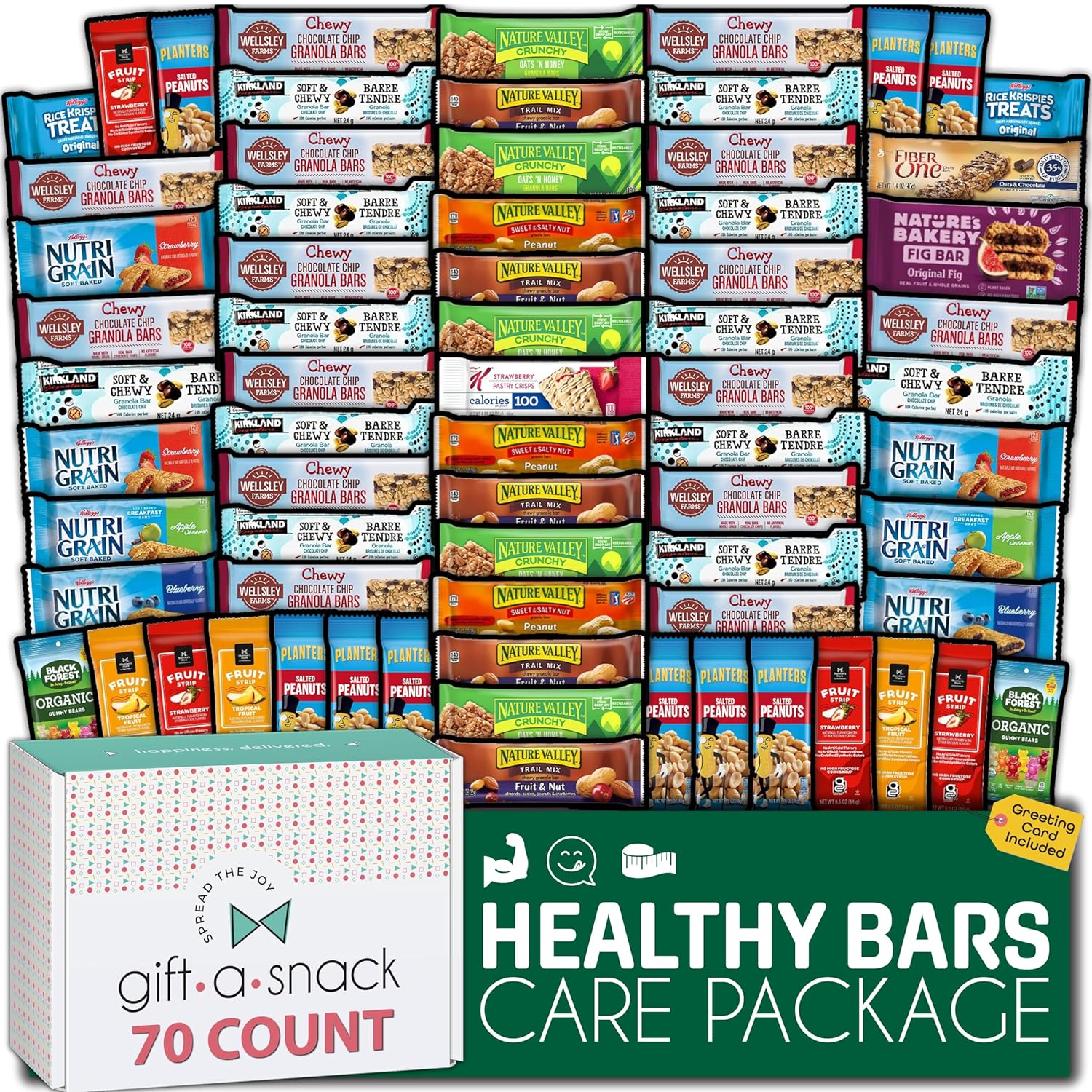 Gift A Snack - Back To School Gifts For Students Healthy Granola Breakfast Bars, Snack Box Care Package + Greeting Card (70 Count) Birthday Treats Gift Basket Nutritious Chips Food Assortments Variety