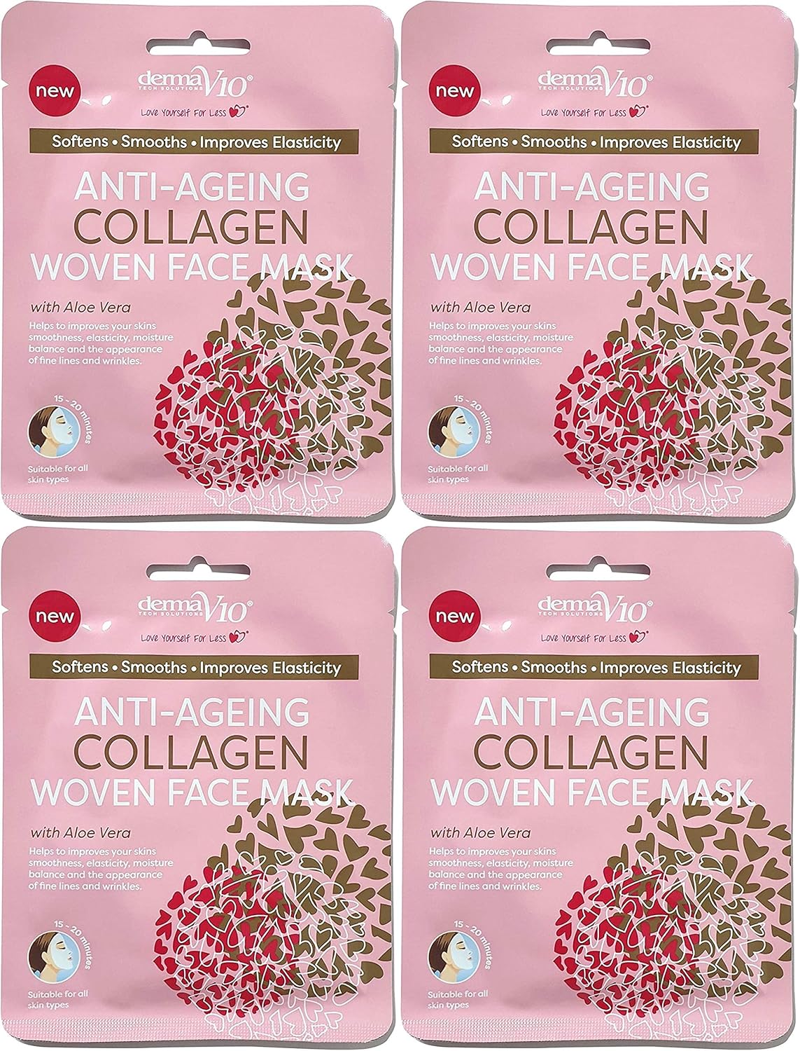 Derma V10 Woven Face Mask With Aloe Vera 4 Pack Vegan Suitable For All Skin Types (Anti-Ageing Collagen)