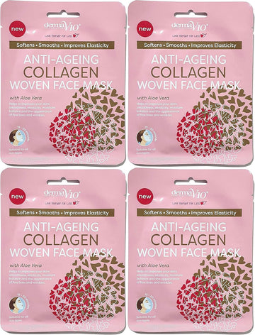 Derma V10 Woven Face Mask With Aloe Vera 4 Pack Vegan Suitable For All Skin Types (Anti-Ageing Collagen)