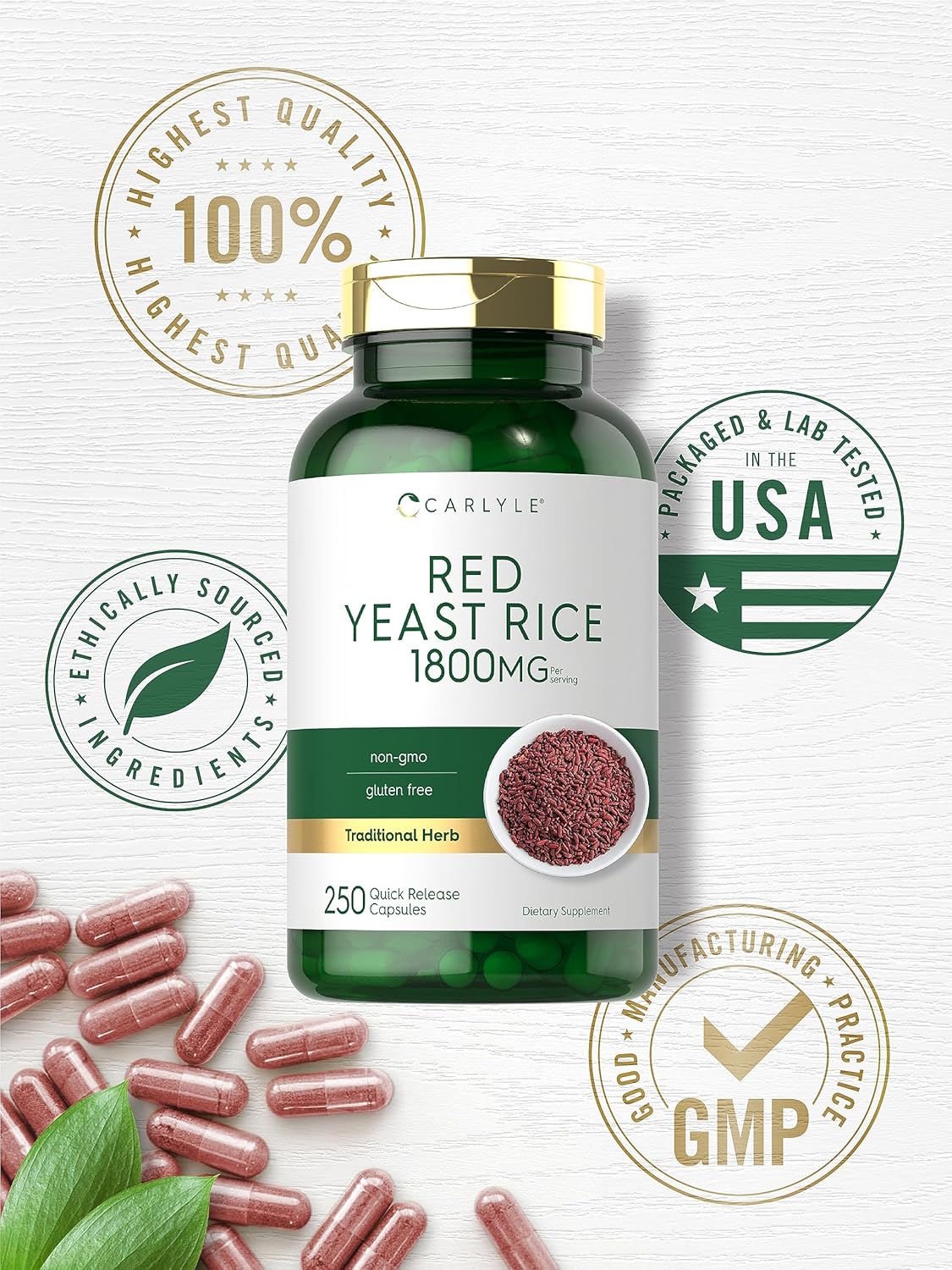 Carlyle Red Yeast Rice | 250 Capsules | Non-GMO, Gluten Free Supplement : Health & Household