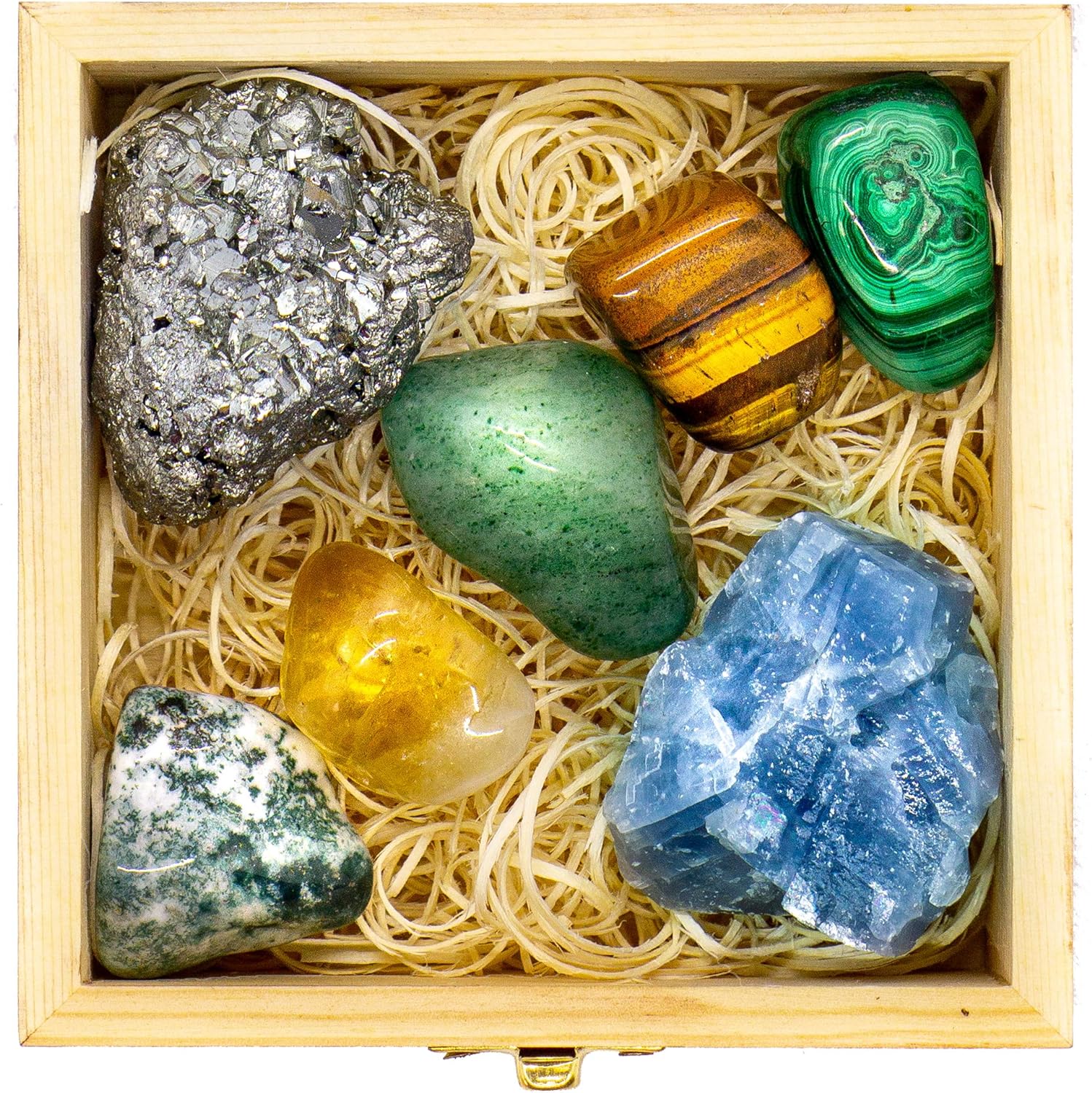 Crystalya Large Premium Crystals And Healing Stones In Wooden Gift Box + 50Pg Ebook – 7 Chakra Tumbled Gemstones, Amethyst Crystal, Rose Quartz, Quartz Crystal Point, And Info Guide, Made In U.S.A