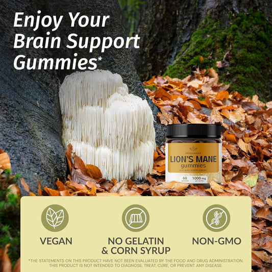 Herbamama Lion'S Mane Gummies - 1000 Mg Lion'S Mane Mushroom Brain Health Supplements For Adults - Vegan, Gelatin-Free, Non-Gmo - 60 Apple-Flavored Chews