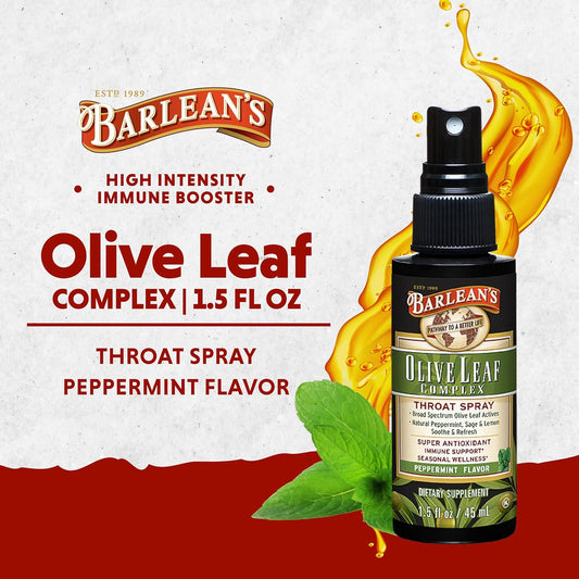 Barlean's Olive Leaf Complex Throat Spray with Peppermint, Lemon, & Sage for Itchy Throat Relief, Immune Support Supplement for Seasonal Wellness, Liquid Blended Extract, 1.5 oz