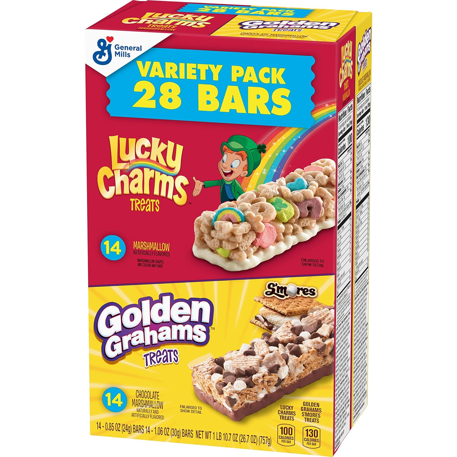 Golden Grahams Lucky Charms Breakfast Cereal Treat Bars Variety Pack, Kids Snacks, Back To School Snacks, 28 Ct