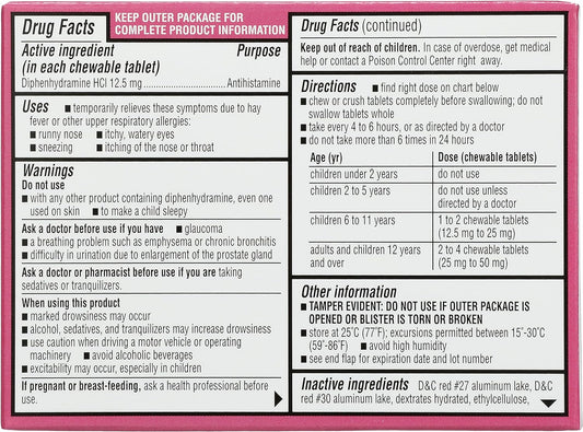 Rite Aid Children's Diphenhydramine 12.5mg Allergy Relief, Cherry - 18 Chewable Tablets, Indoor and Outdoor Allergy Symptom Reliever : Health & Household