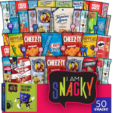 I Am Snacky - Back To School Gifts For Students Snack Box Care Package + Greeting Card - Snacky'S Bliss Bites (50 Count) Birthday Sweet Treats Gift Basket, Candies Chips Cravy Food Assortments Variety