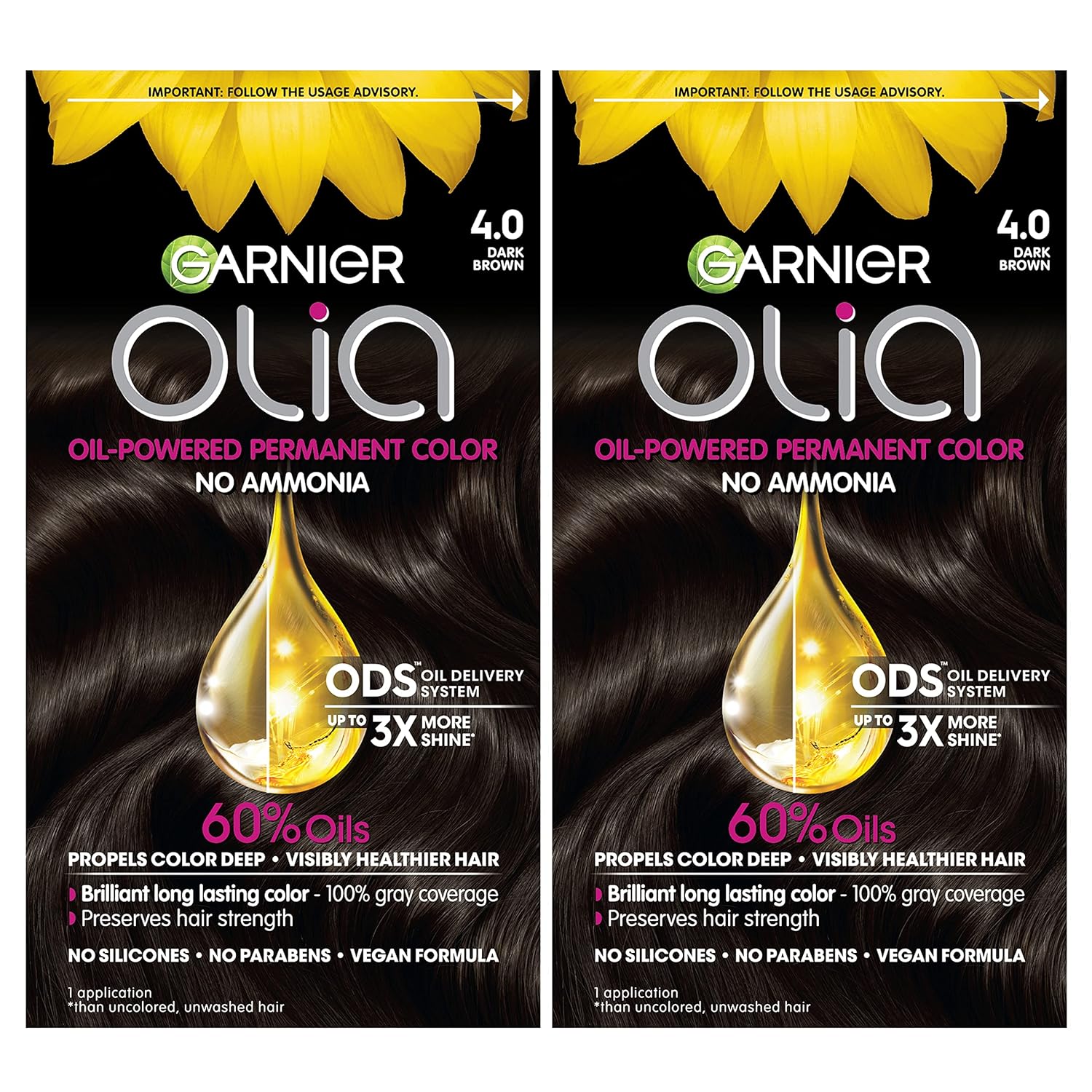 Garnier Hair Color Olia Ammonia-Free Brilliant Color Oil-Rich Permanent Hair Dye, 4.0 Dark Brown, 2 Count (Packaging May Vary)