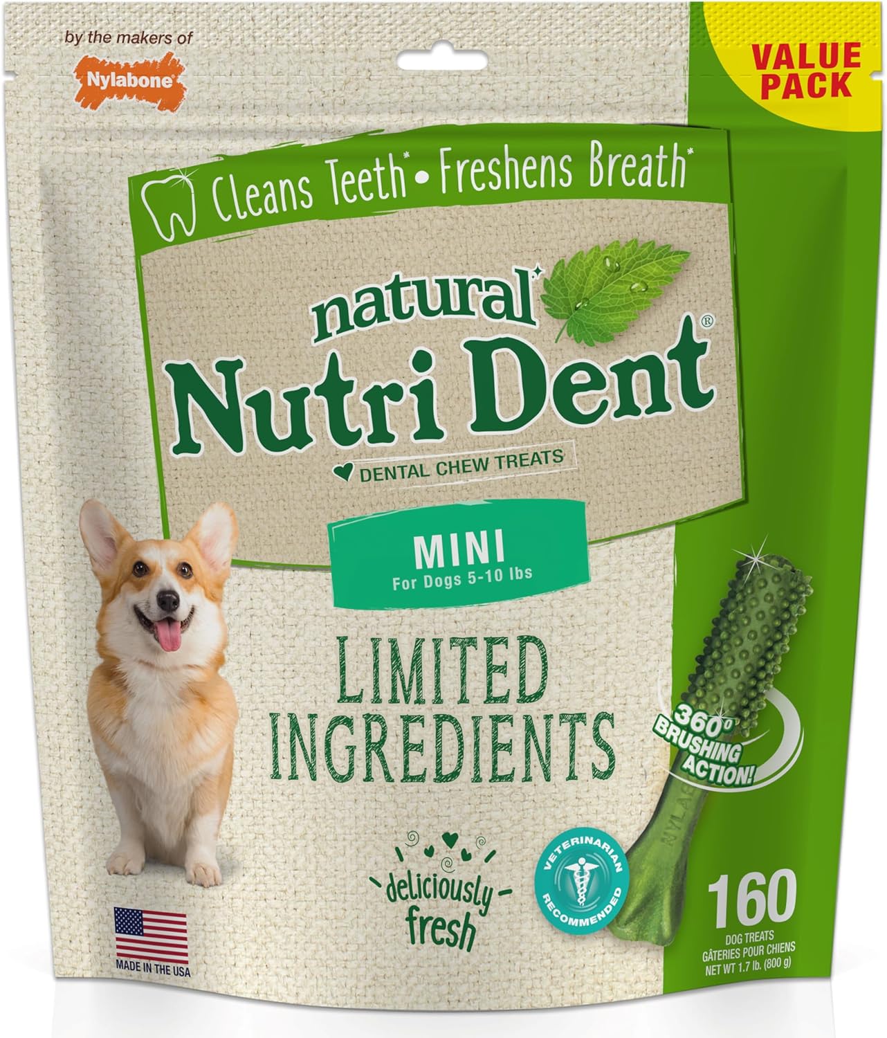 Nylabone Nutri Dent Dog Dental Treats - Natural Dog Teeth Cleaning & Breath Freshener - Dental Treats For Dogs - Fresh Breath Flavor, Mini (160 Count)