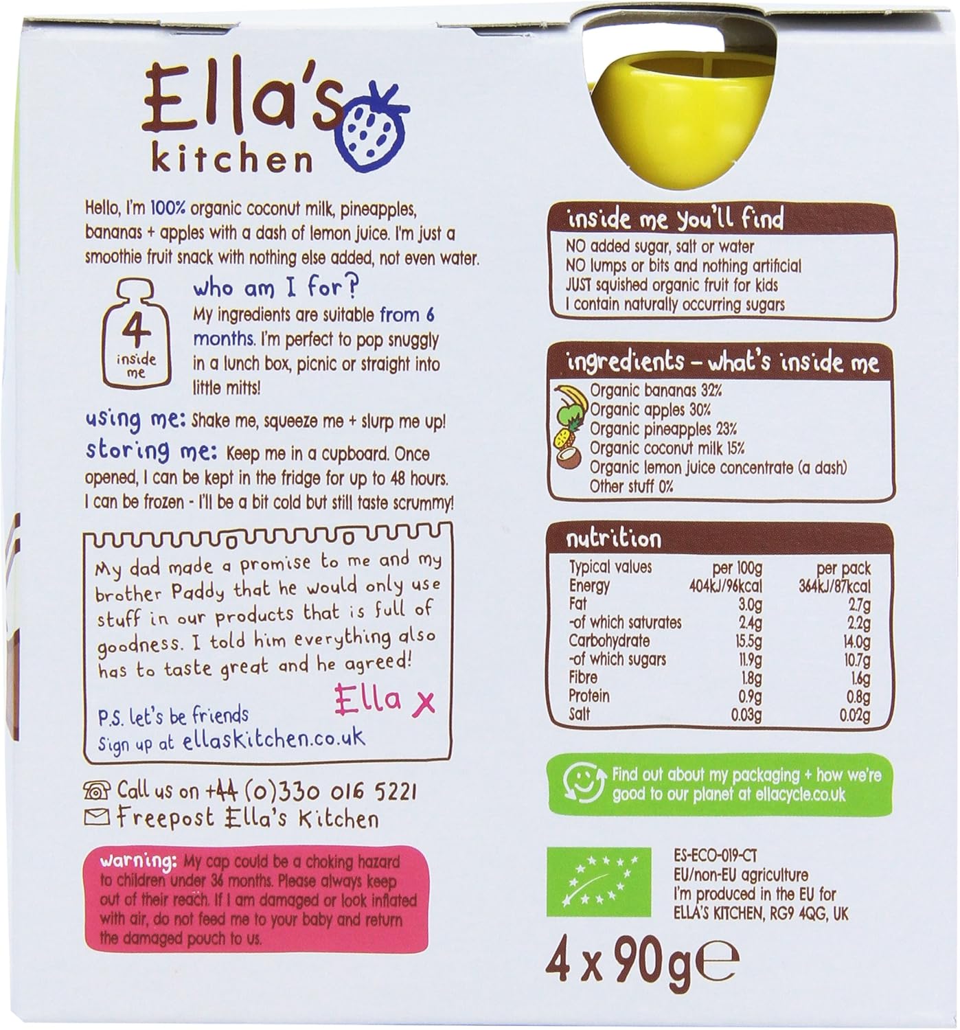 Ellas Kitchen Organic The White One Fruit Smoothie 4X90 G (Pack Of 3, Total 12 Pouches)