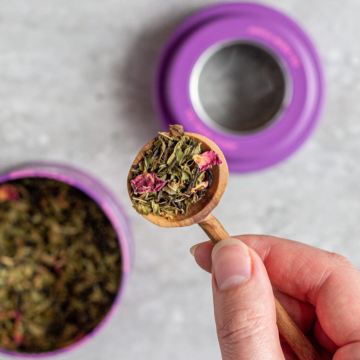 Justea Purple Mint | Loose Leaf Purple Tea | Tin With Hand Carved Tea Spoon | 40+ Cups (2.1Oz) | Very Low Caffeine | Award-Winning | Fair Trade | Non-Gmo