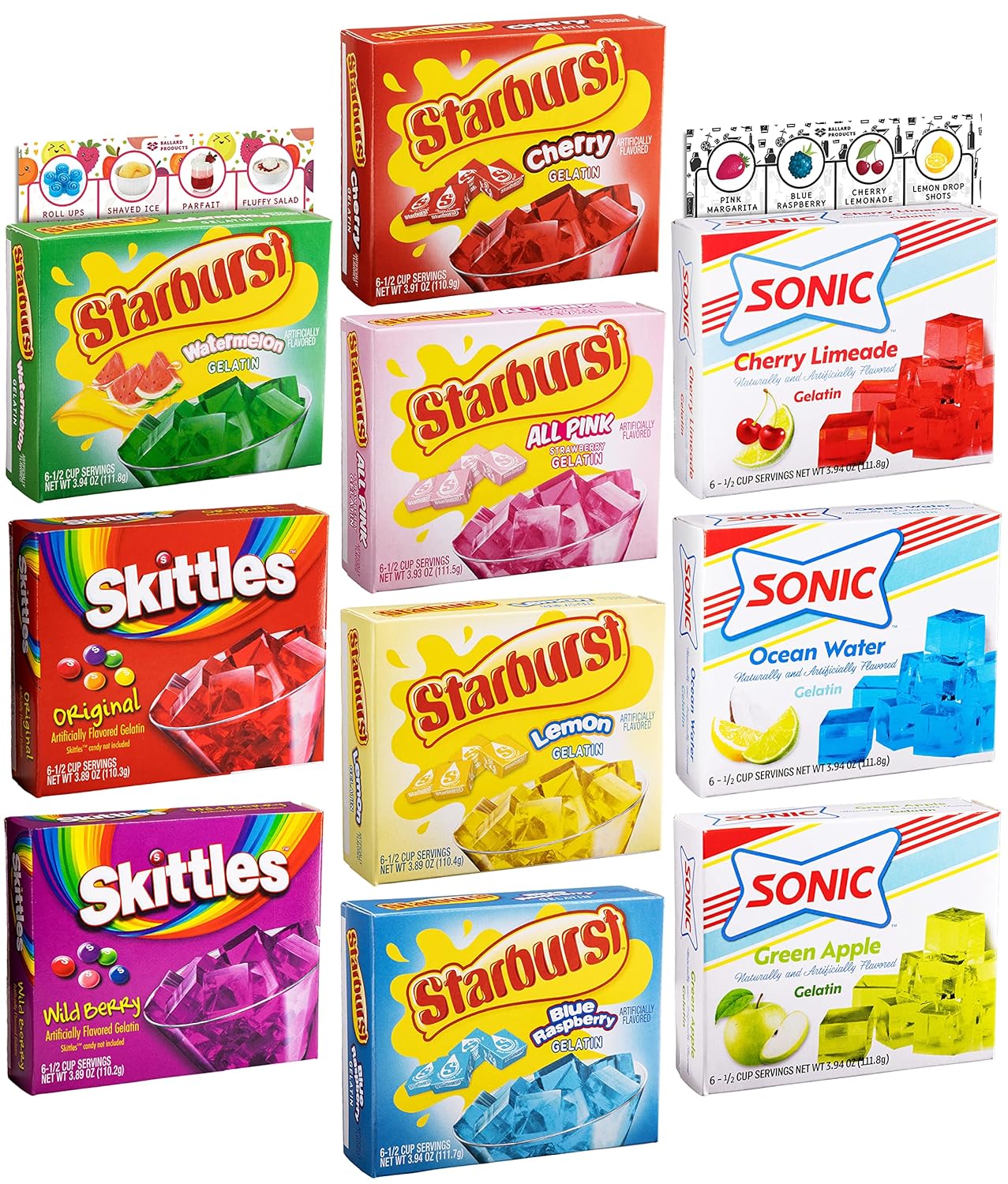 Gelatin Mix Variety Pack Of 10 - Sonic, Skittles, And Starburst Jello Mix - 1 Box Of Each Flavor - 10 Flavors Of Flavored Gelatin Powder - Bundle With Ballard Products Recipe Cards