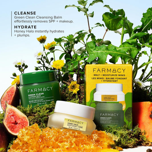 Farmacy Ceramide Face Moisturizer + Cleansing Balm Duo - Travel Size Skin Care Set With Green Clean Makeup Remover Balm + Honey Halo Moisturizer Face Cream (2 Count)