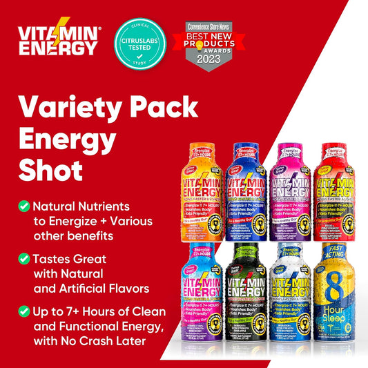 Vitamin Energy Variety | Wellness Shots | Natural Healthy Energy, Focus, Immune, & Sleep Drinks | Sugar & Carb-Free Supplement | Vitamins & Nutrients Energize Up To 7+ Hours | 1.93 Fl Oz (Pack Of 12)