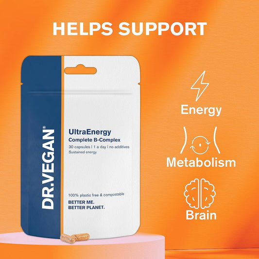 Dr.Vegan Ultraenergy | High Strength B Vitamin Complex, 30 Vegan-Friendly Capsules | Includes Vitamin B12 (100Ug), Choline (50Mg), Biotin (50Ug) And Folate (200Ug) | One-A-Day